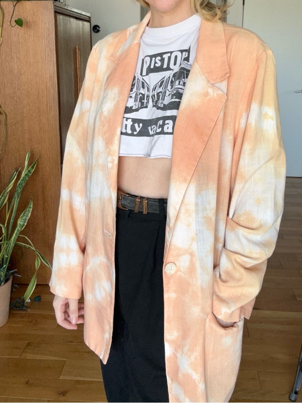 Vintage, Linen “Creamsicle” Peach and White Tie-Dye Blazer